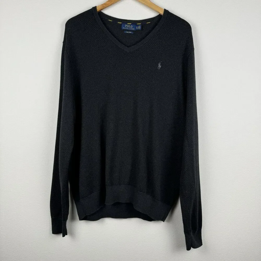 POLO RALPH LAUREN Mens XL Black Pima Cotton V-Neck Long Sleeve Sweater Pullover